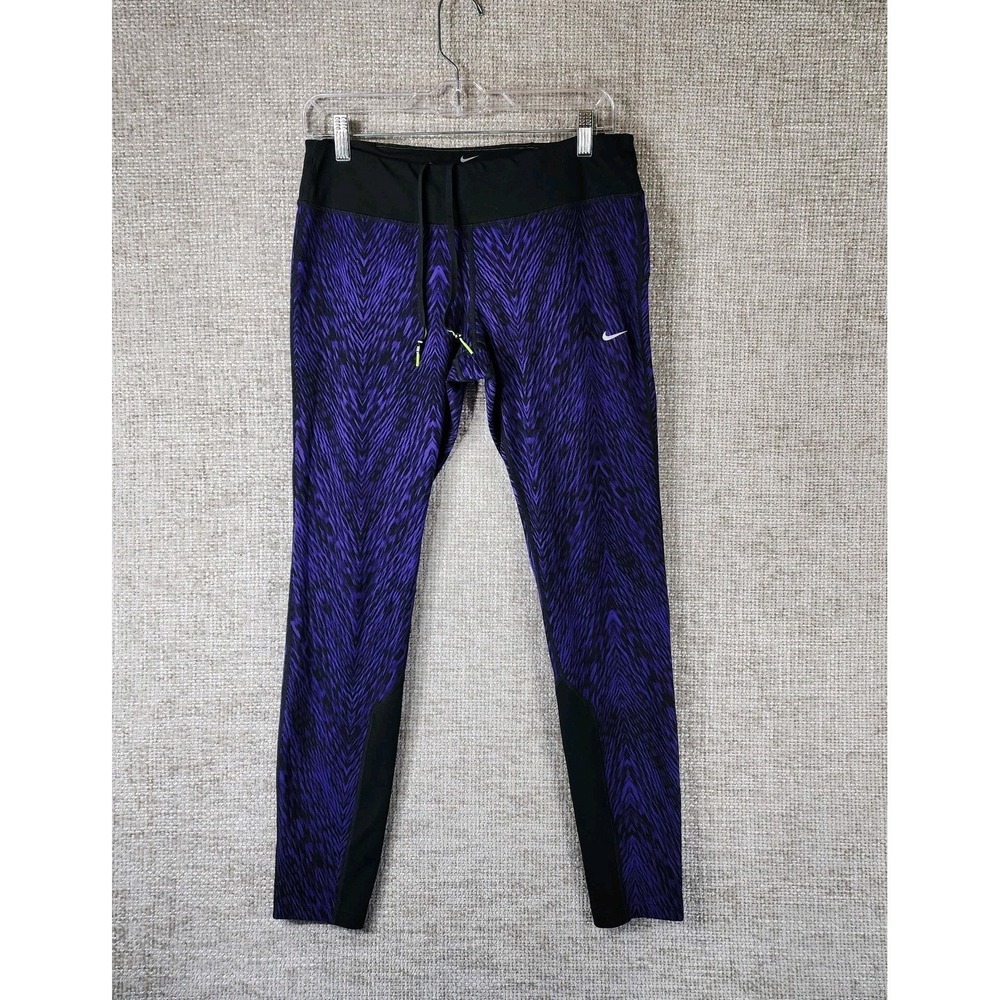 Nike Dri-Fit Running Leggings Womens L Purple Black Zebra Print Pants Stretch